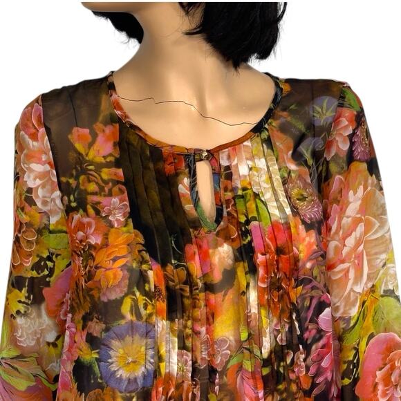 Dark Floral Sheer Blouse S Brown Multi Pin Pleats Fairycore Whimsigoth Ethereal - Picture 3 of 12